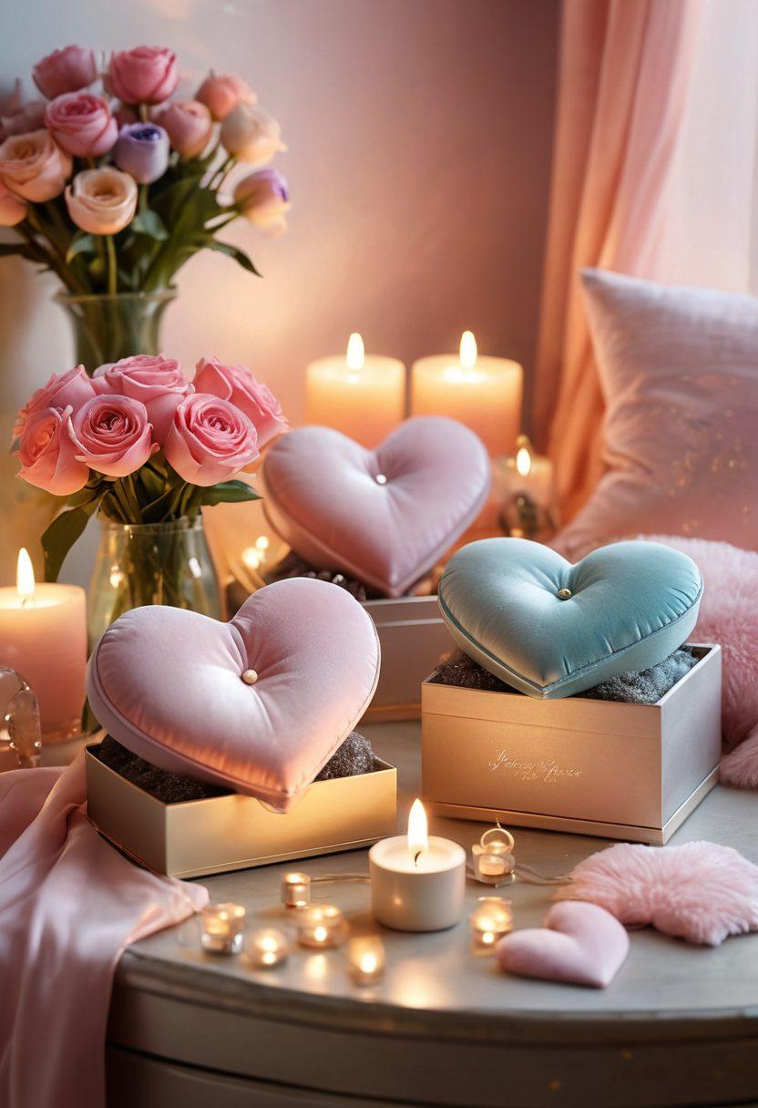 A beautifully arranged display of romantic gifts, including elegant jewelry boxes, scented candles, and plush heart-shaped pillows, set against a stylish backdrop of soft pastel colors. Incorporate delicate flowers, twinkling fairy lights, and luxurious decor elements to evoke a warm and inviting atmosphere of affection. super-realistic. vibrant colors. soft focus.