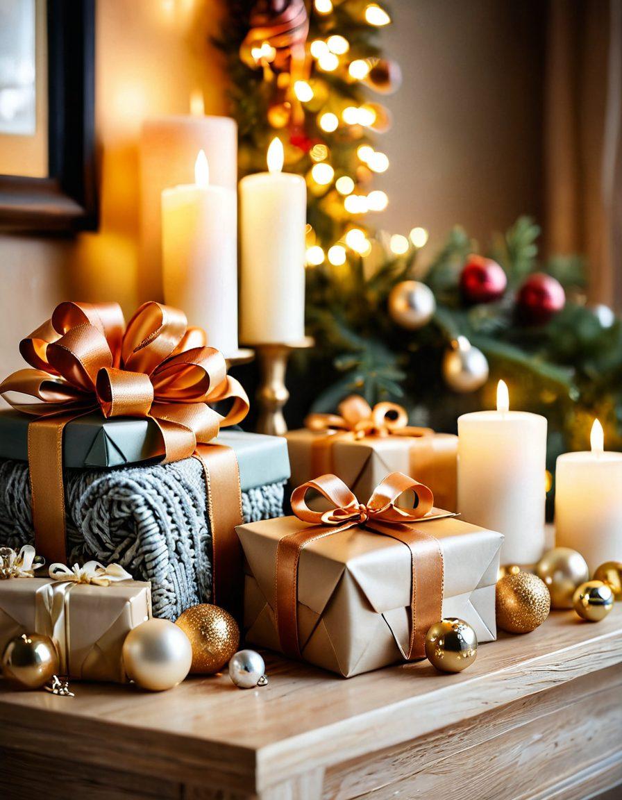 A beautifully arranged gift table showcasing a variety of thoughtfully wrapped presents, each unique and tailored for different loved ones, including a cozy knitted scarf, a personalized photo frame, and an elegant piece of jewelry. Soft, warm lighting creates an inviting atmosphere, evoking feelings of love and celebration. In the background, subtle festive decorations hint at various occasions like birthdays and anniversaries. The scene radiates joy and creativity in gift-giving. super-realistic. warm colors. soft focus.