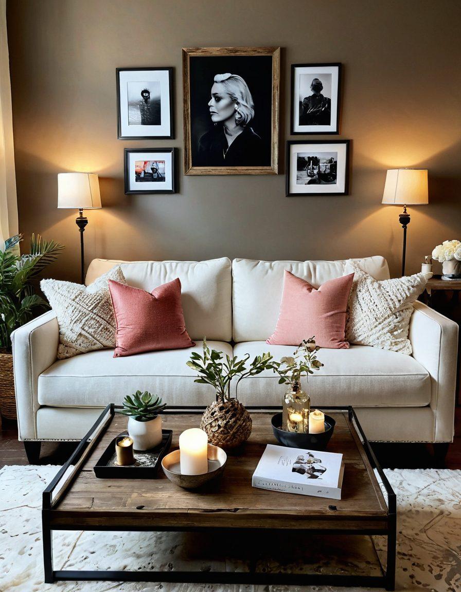 A cozy living room adorned with stylish decor, featuring plush cushions, elegant wall art, and warm lighting. Include thoughtful gifts like personalized photo frames and artisanal candles on a rustic wooden coffee table. Showcase a soft color palette to evoke affection and warmth. The scene should radiate a welcoming atmosphere, inviting the viewer to envision their own stylish space. super-realistic. vibrant colors. soft lighting.